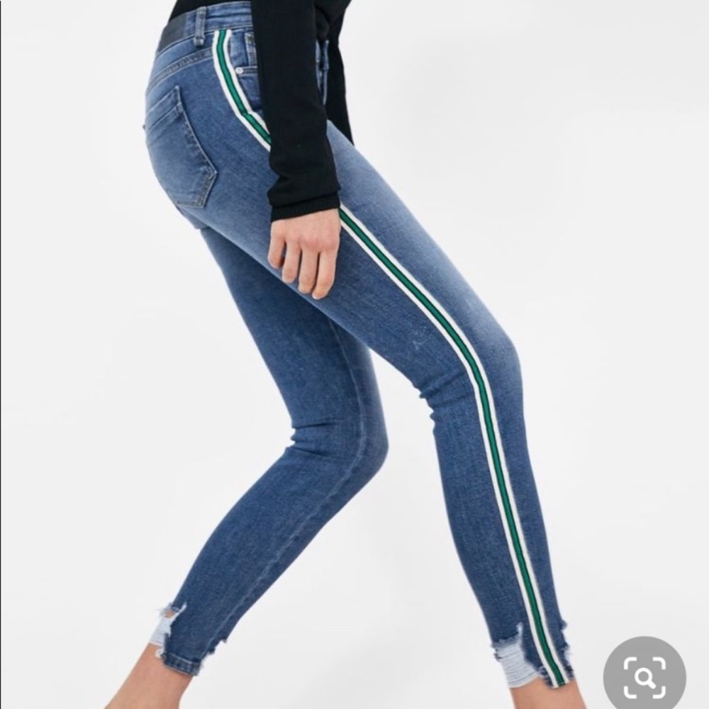 SOLD. Zara Basic Z1975 Denim Green Side Stripe Sz 8 - Picture 1 of 8